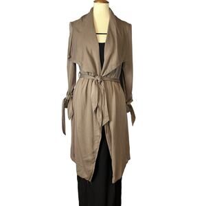 Thread & Supply Khaki Duster Trench Coat XS Belted Bows Oversized Cotton Long